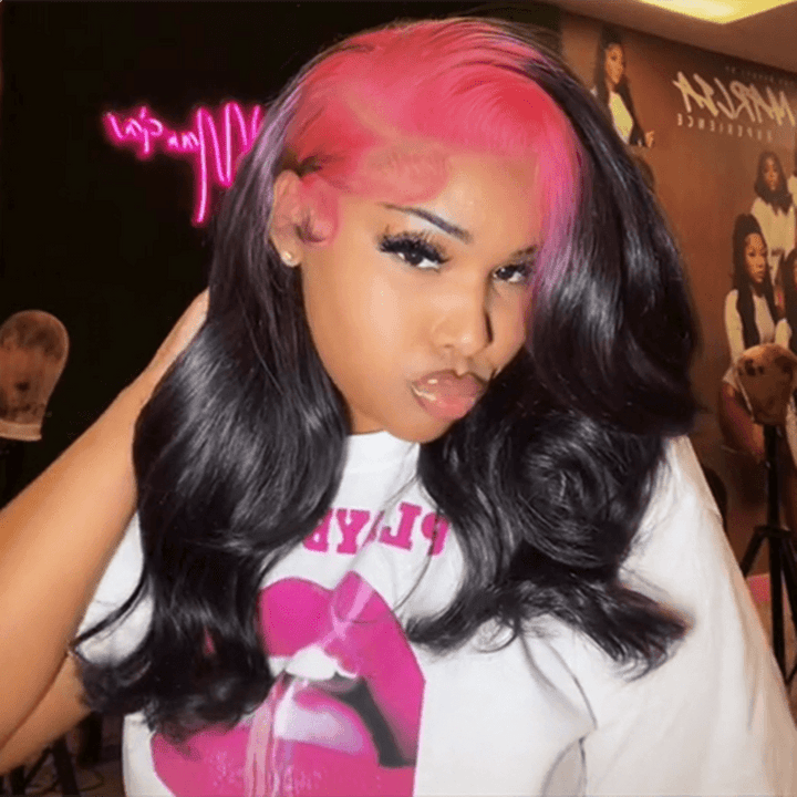 Hot Pink Sparkle Roots & Black Hair Body Wave HD Transparent Lace Front Wig