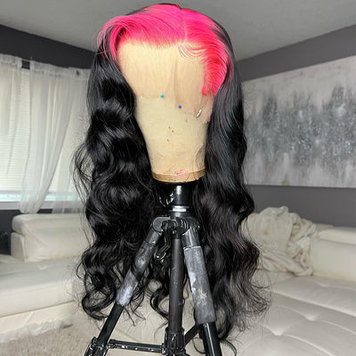 Hot Pink Sparkle Roots & Black Hair Body Wave HD Transparent Lace Front Wig