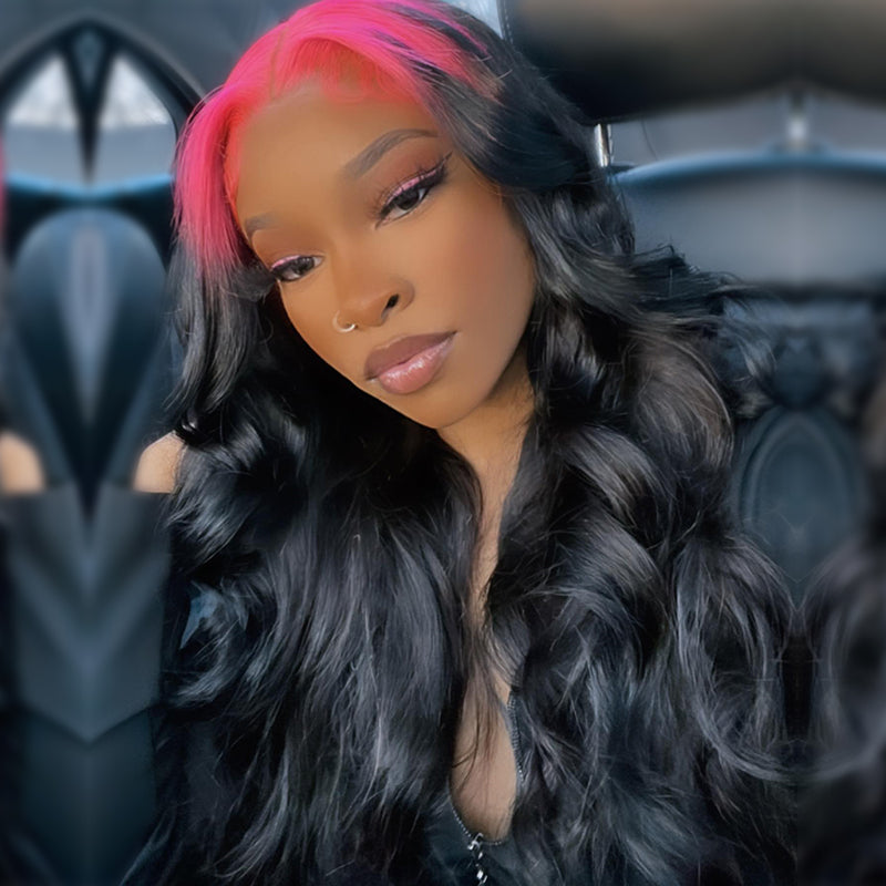 Hot Pink Sparkle Roots & Black Hair Body Wave HD Transparent Lace Front Wig