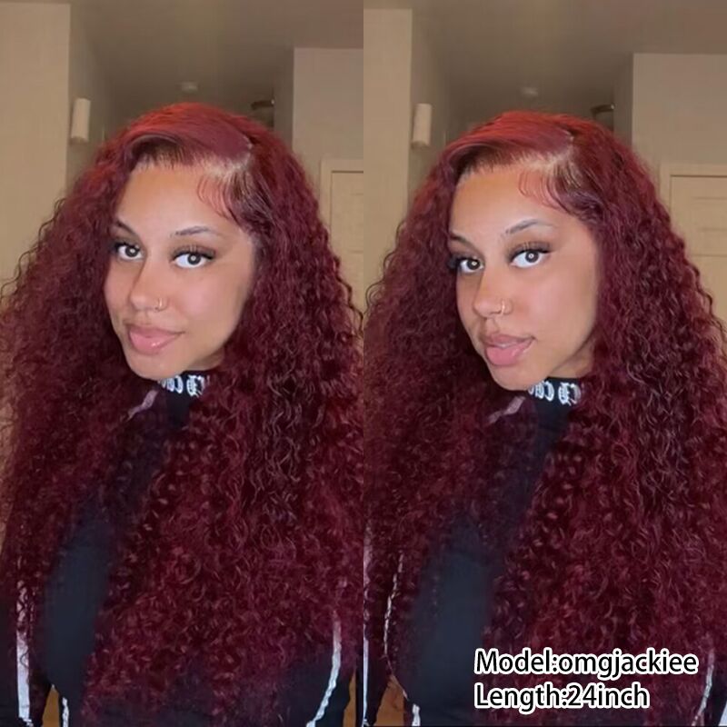 TUME #99J Burgundy Color Curly Wave Wig HD Transparent Lace Wig 100% Virgin Human Hair