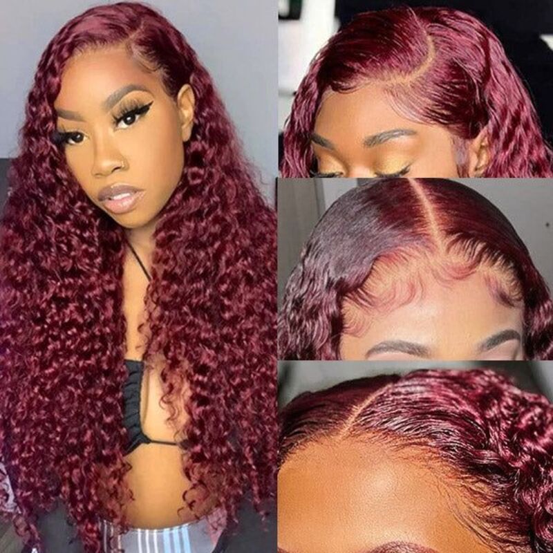 TUME #99J Burgundy Color Curly Wave Wig HD Transparent Lace Wig 100% Virgin Human Hair