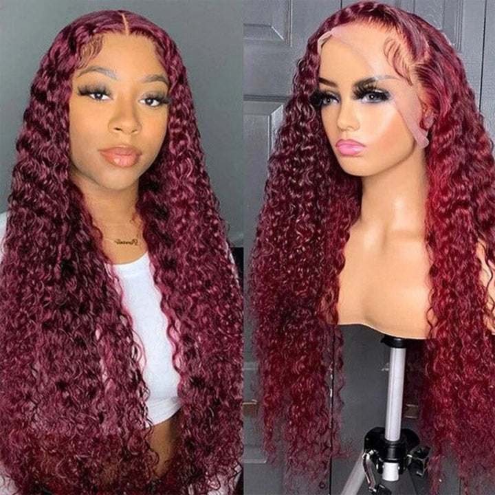 #99J Burgundy Color Curly Wave Wig HD Transparent Lace Wig 100% Virgin Human Hair