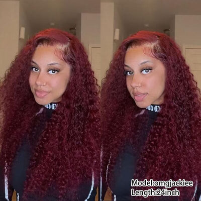 #99J Burgundy Color Curly Wave Wig HD Transparent Lace Wig 100% Virgin Human Hair