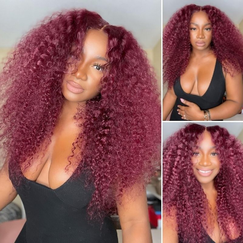 #99J Burgundy Color Curly Wave Wig HD Transparent Lace Wig 100% Virgin Human Hair