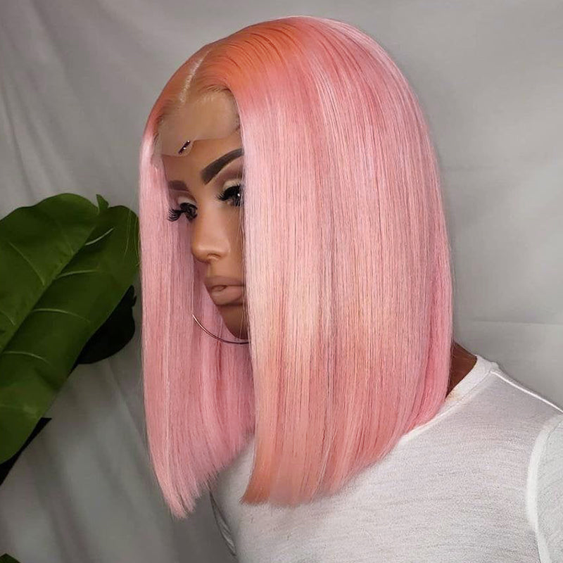 Pink Colored Bob Wig HD Transparent Lace Bob Wig 100%Human Virgin Hair