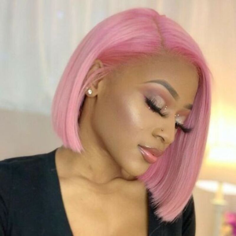 Pink Colored Bob Wig HD Transparent Lace Bob Wig 100%Human Virgin Hair