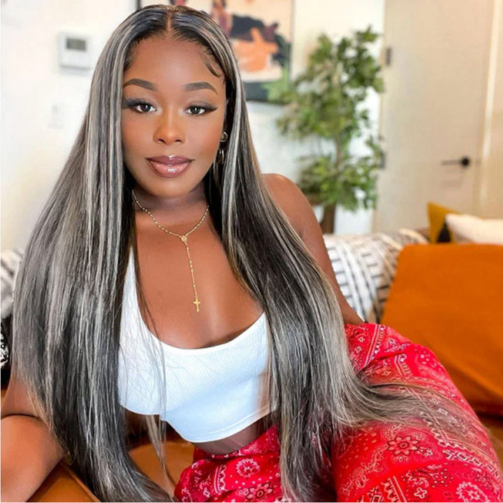 Platinum Grey Color HD 13x4 Lace Front Wig Mixed Color Human Hair Wig