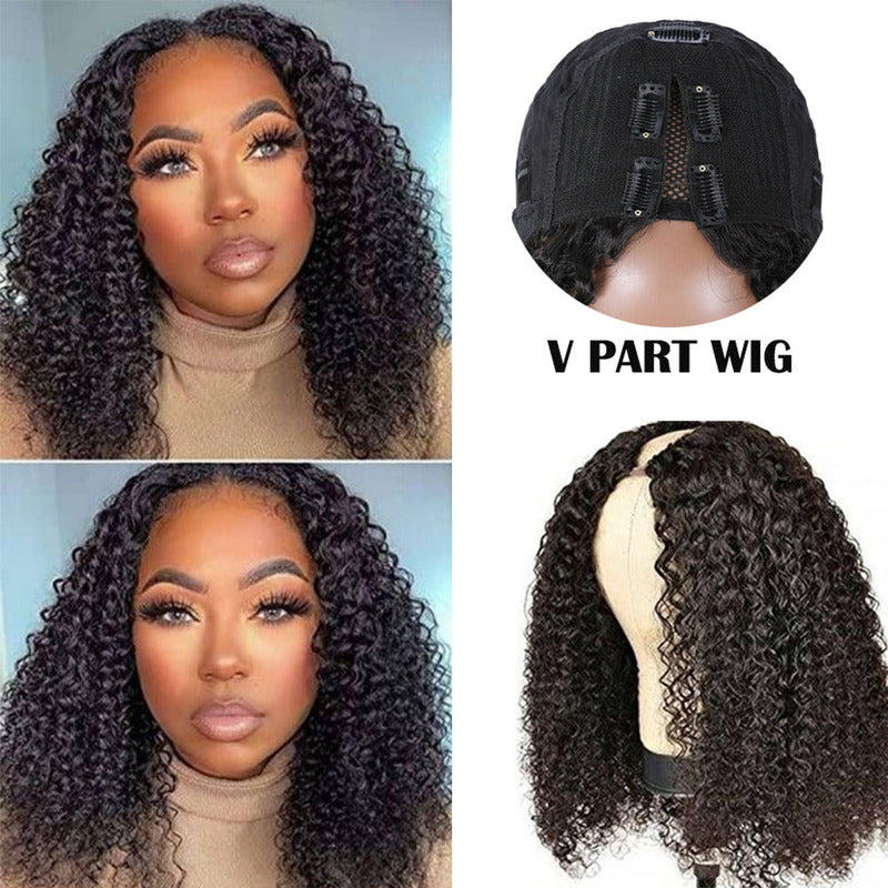Curly V Part Bob Wig No Leave Out Upgraded U Part Wig 100% Human Hair Wig