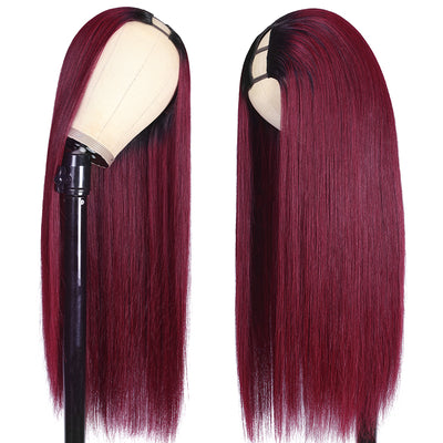 1B/99J Straight V Part Lace Wig No Leave Out Ombre Burgundy Human Hair Wig