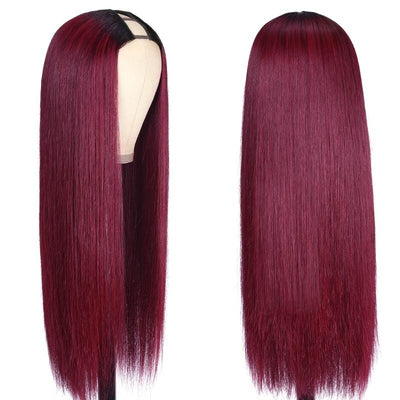 1B/99J Straight V Part Lace Wig No Leave Out Ombre Burgundy Human Hair Wig