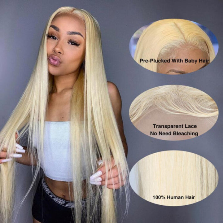 #613 Blonde Straight HD Transparent Lace Wig 100% Human Virgin Hair