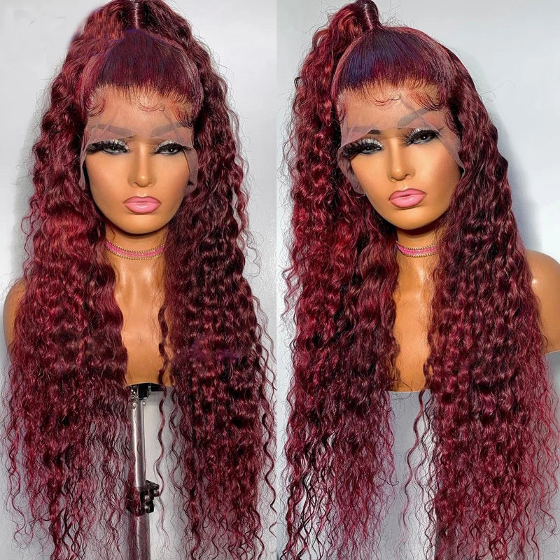 99J Burgundy Water Wave Wig Pre-plucked Transparent Lace Human Hair Wig