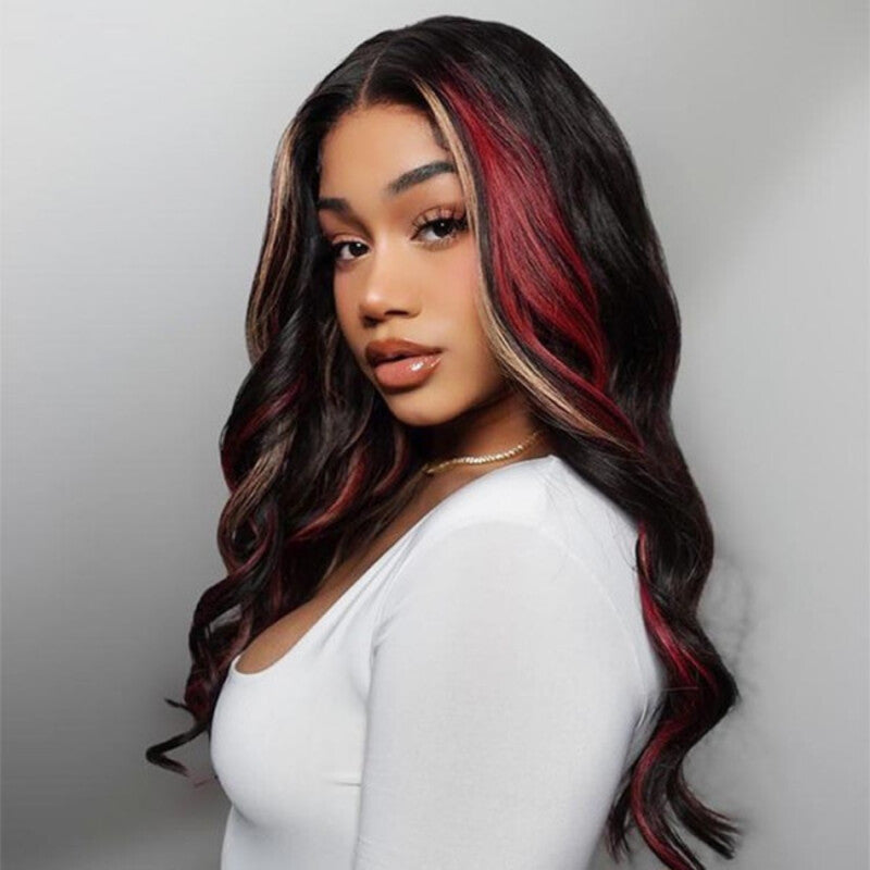 TUME Black with Red & Blonde Highlights Loose Body Lace Human Hair Wigs