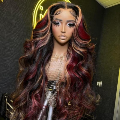 Black with Red & Blonde Highlights Loose Body Lace Human Hair Wigs