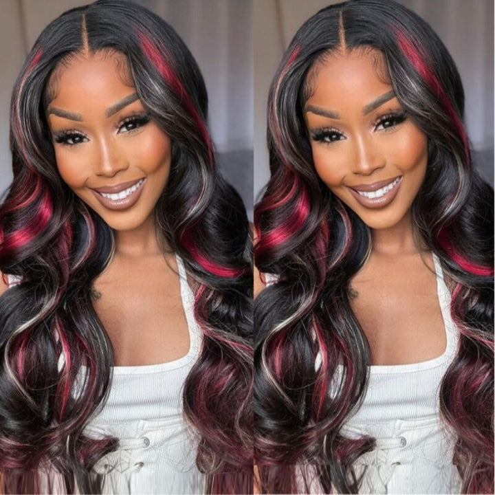 TUME Black with Red & Blonde Highlights Loose Body Lace Human Hair Wigs