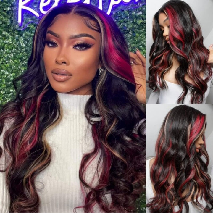 TUME Black with Red & Blonde Highlights Loose Body Lace Human Hair Wigs