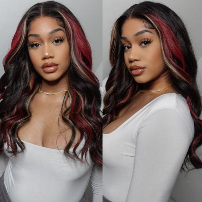 TUME Black with Red & Blonde Highlights Loose Body Lace Human Hair Wigs