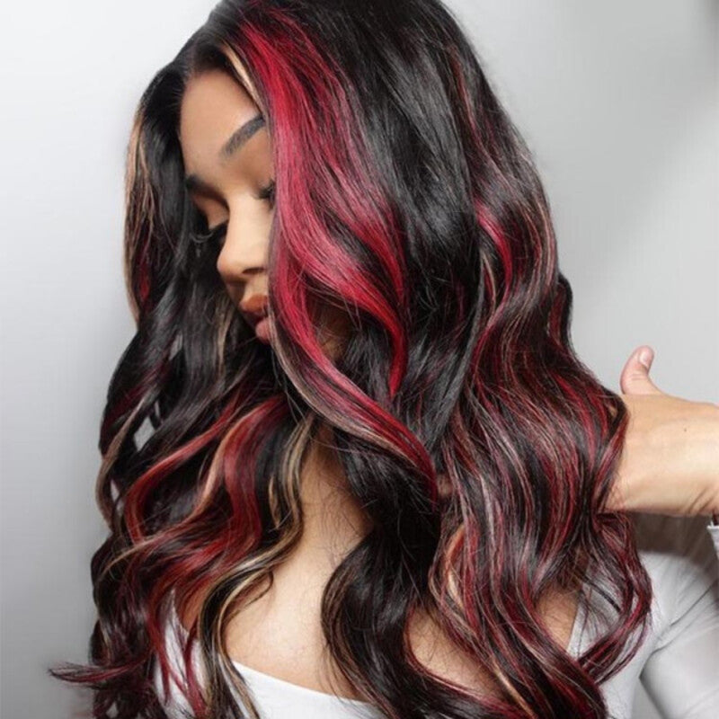 TUME Black with Red & Blonde Highlights Loose Body Lace Human Hair Wigs