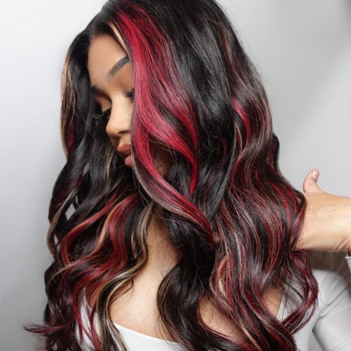 TUME Black with Red & Blonde Highlights Loose Body Lace Human Hair Wigs
