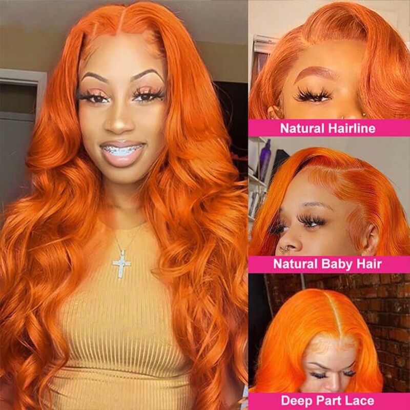 Orange Color Body Wave HD Transparent Lace Frontal Wig 100% Human Virgin Hair 