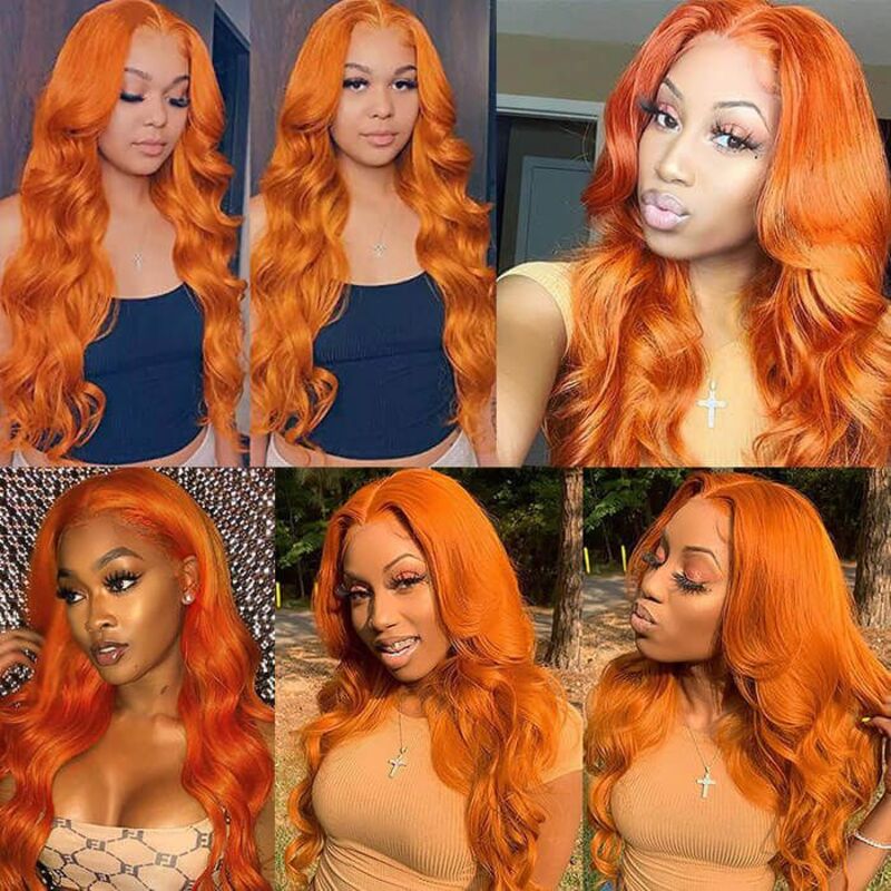 Orange Color Body Wave HD Transparent Lace Frontal Wig 100% Human Virgin Hair 