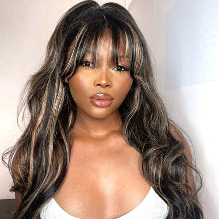 FB27 Balayage Body Wave Wig with Bangs HD Transparent Lace Front Wig