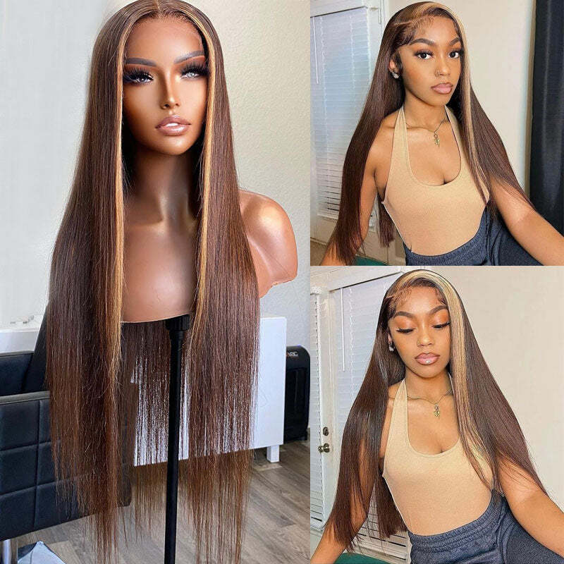 Honey Blonde & Brown Streaks Highlight Wigs Straight Lace Front Wig CheetahBeauty Colored Wigs