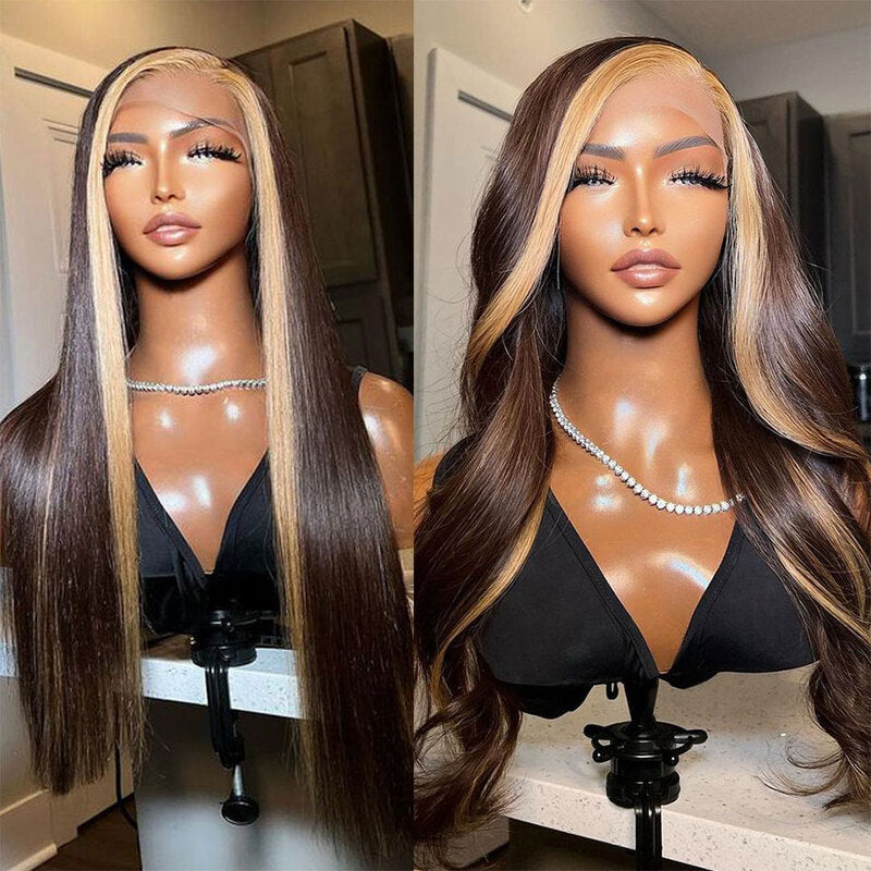 Honey Blonde & Brown Streaks Highlight Wigs Straight Lace Front Wig CheetahBeauty Colored Wigs