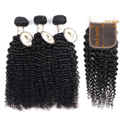 10A Curly Wave Bundles With 5x5 Lace Closure Virgin Human Hair Extensions