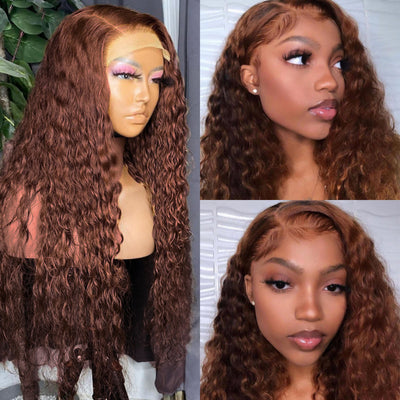 #4 Chocolate Brown Water Wave Wig Transparent Pre-plucked Lace Wig Human Hair