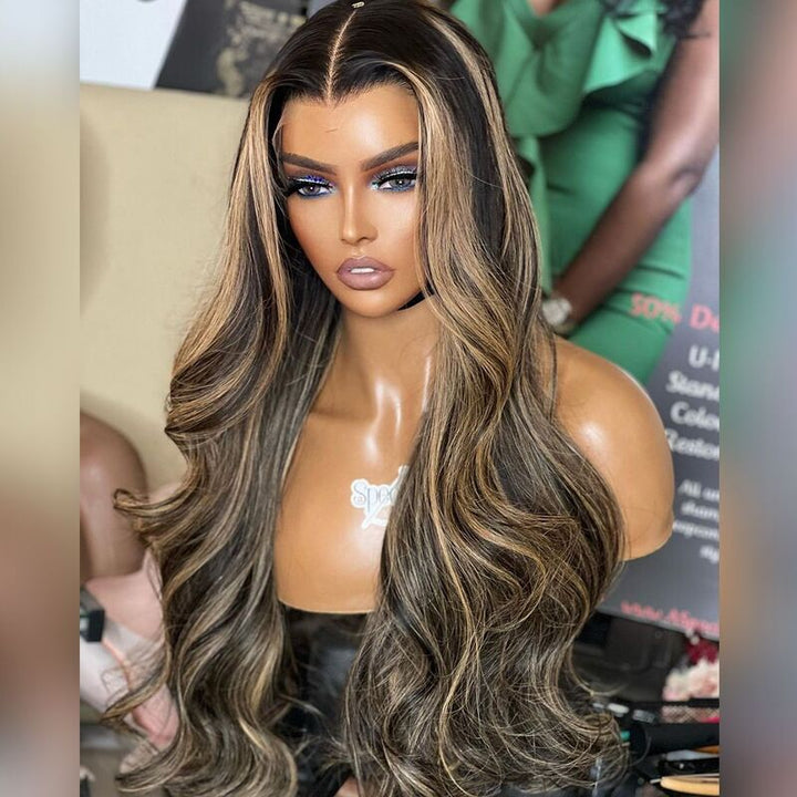 FB27 Balayage Body Wave Wig with Bangs HD Transparent Lace Front Wig