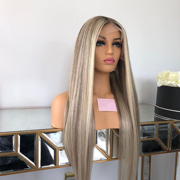 Ash Blonde Highlight  13x6 Lace Front Wigs Straight Human Hair Wigs