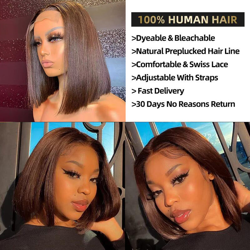 Short Bob Chocolate Brown Straight HD Transparent Lace Wig 100% Human Hair