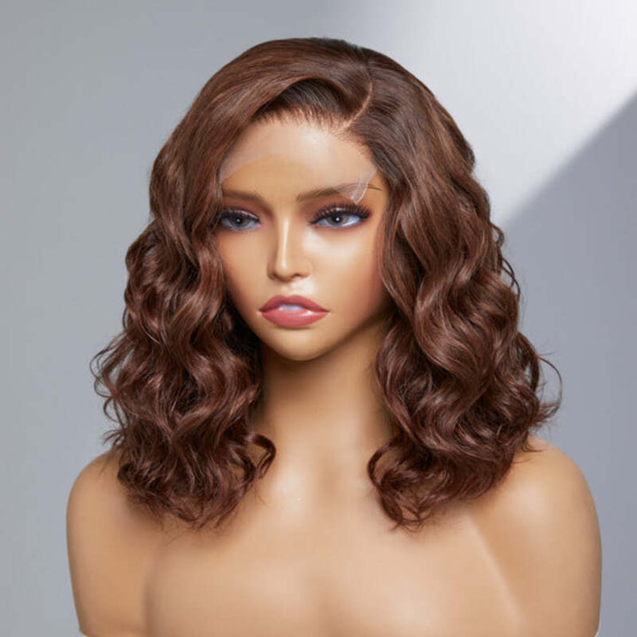 Chocolate Brown Wavy Bob Transparent Lace Wig 100% Human Hair