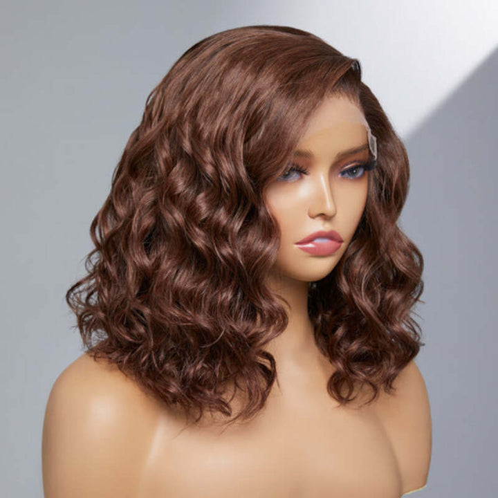 Chocolate Brown Wavy Bob Transparent Lace Wig 100% Human Hair