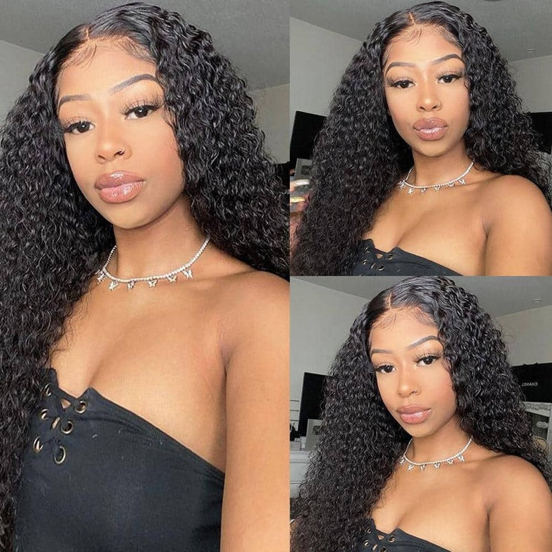 Deep Curly 4x4 HD Transparent Lace Closure Wig 180% Density 100% Virgin Human Hair