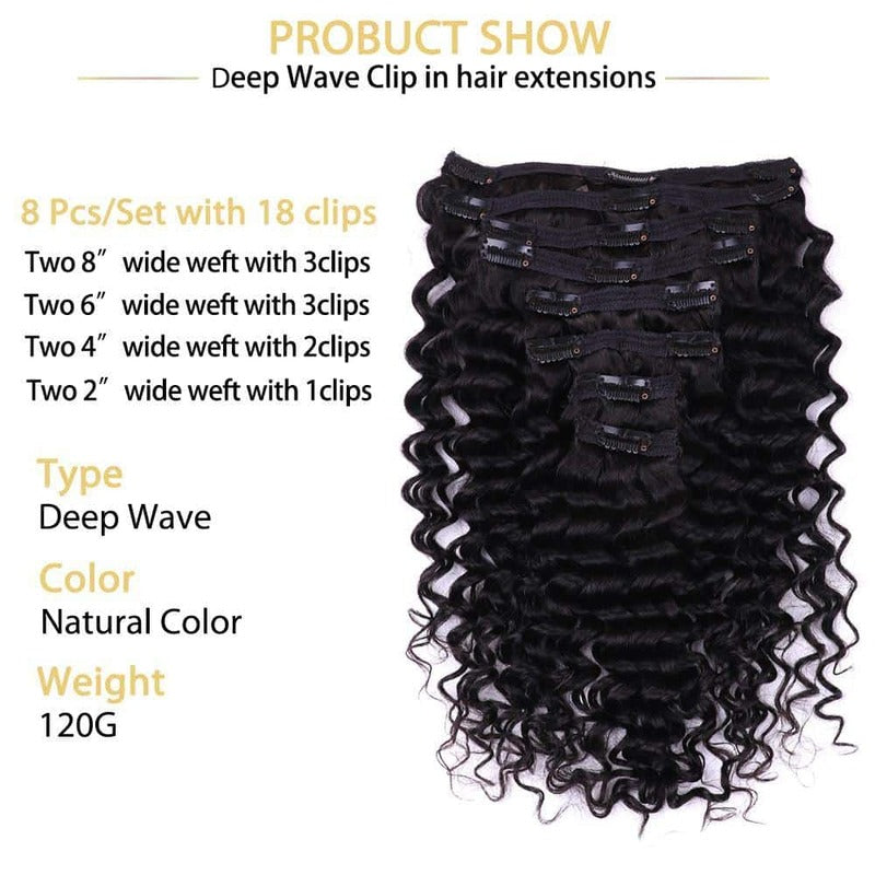 Deep Wave Clip-Ins Hair Extensions Clip In Human Hair Extensions 8 Pieces/Set