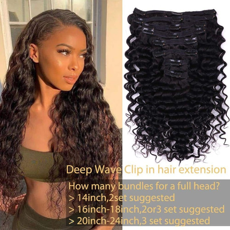 Deep Wave Clip-Ins Hair Extensions Clip In Human Hair Extensions 8 Pieces/Set