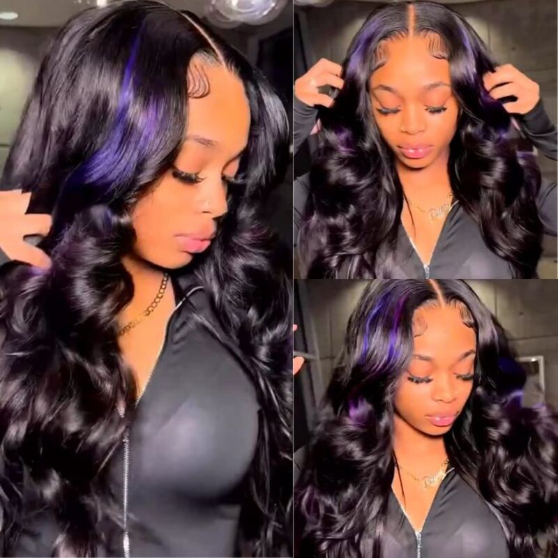 Peekaboo Purple Lace Frontal Wigs Dark Purple Highlight Body Wave Human Hair Wigs