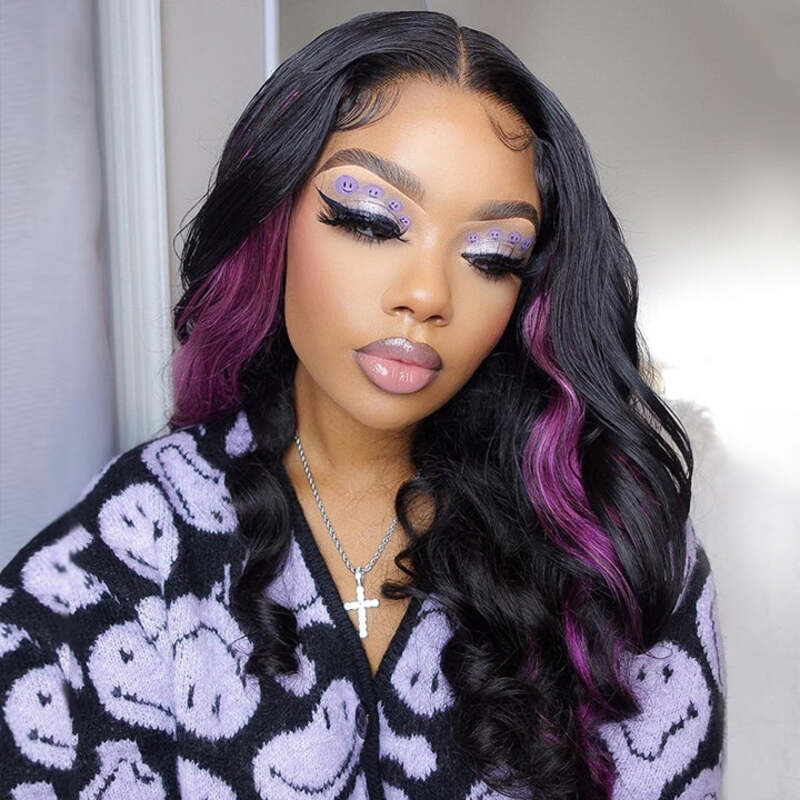 Peekaboo Purple Lace Frontal Wigs Dark Purple Highlight Body Wave Human Hair Wigs