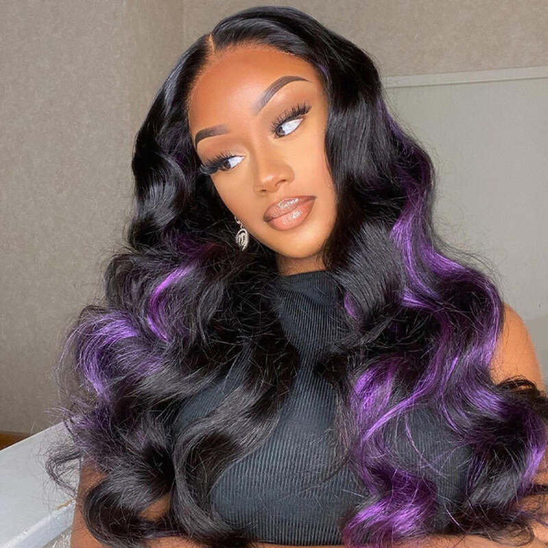 Peekaboo Purple Lace Frontal Wigs Dark Purple Highlight Body Wave Human Hair Wigs