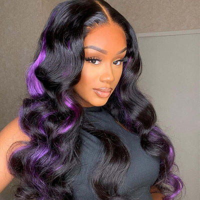 Peekaboo Purple Lace Frontal Wigs Dark Purple Highlight Body Wave Human Hair Wigs