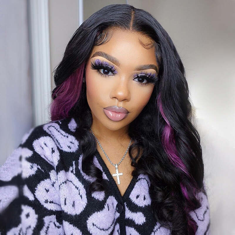 Peekaboo Purple Lace Frontal Wigs Dark Purple Highlight Body Wave Human Hair Wigs