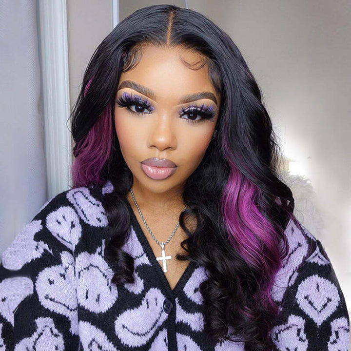 Peekaboo Purple Lace Frontal Wigs Dark Purple Highlight Body Wave Human Hair Wigs