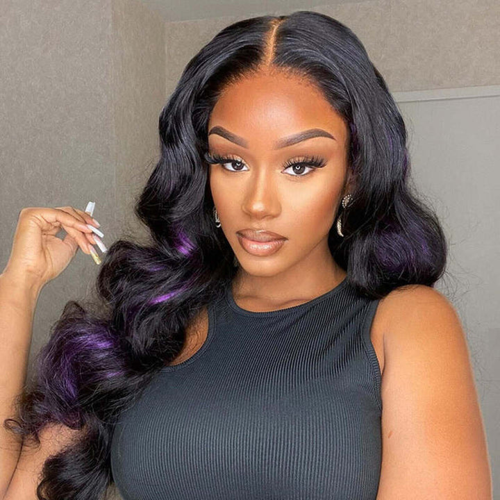 Peekaboo Purple Lace Frontal Wigs Dark Purple Highlight Body Wave Human Hair Wigs