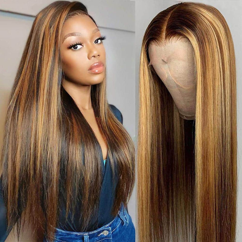 #4/27 Highlight Straight Transparent Lace Frontal Wig Virgin Human Hair