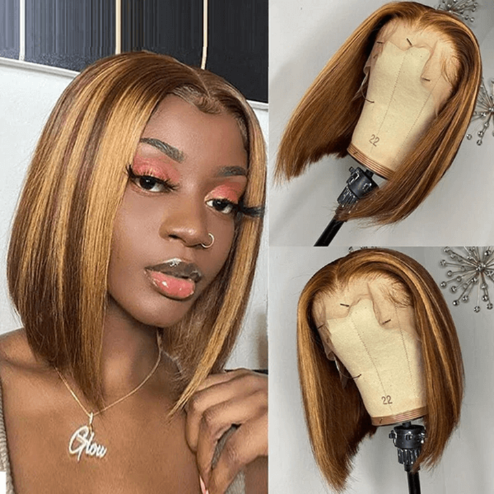 Straight P4/27 Highlight Colored Bob Wig HD Transparent Lace Frontal Wig 