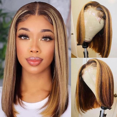 Straight P4/27 Highlight Colored Bob Wig HD Transparent Lace Frontal Wig 