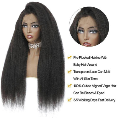 Kinky Straight HD Transparent Lace Front Wig Yaki Straight 100% Virgin Human Hair