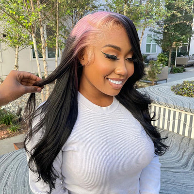 Light Pink Sparkle Roots & Black Hair Body Wave Lace Front Wig 100% Virgin Human Hair